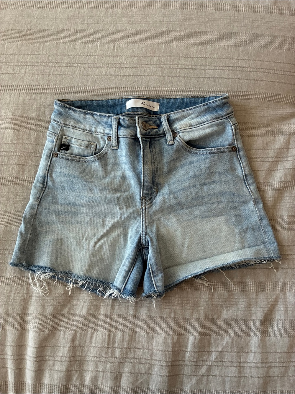 KanCan Light Blue High-Rise Frayed Hem Denim Shorts